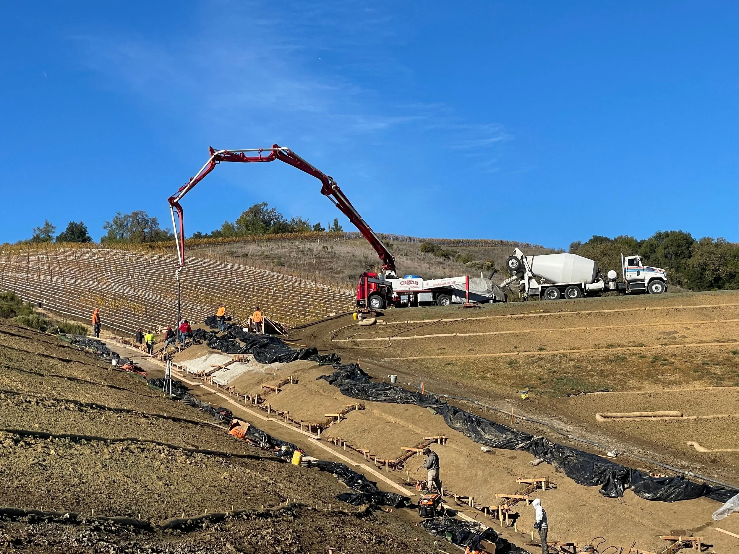 Farm workers wearing orange shirts working on a vineyard hillside with crane and trucks during daytime.
