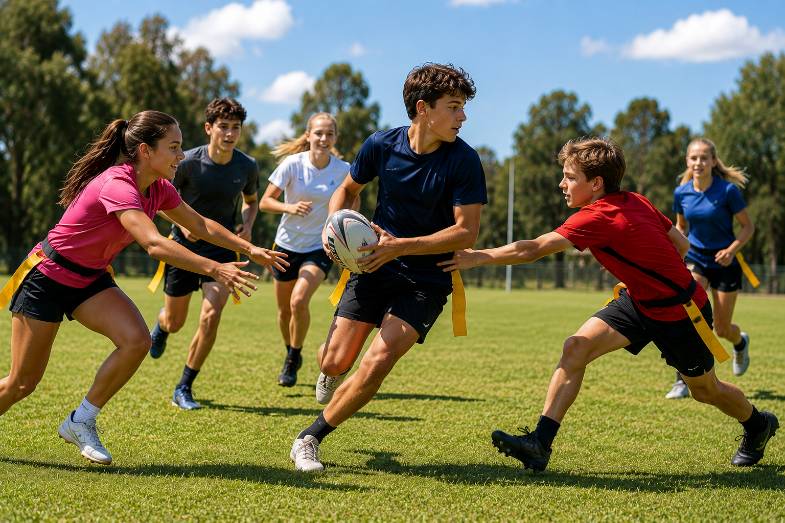 Young boys and girls playing rugby on a grassy field under a blue sky with some clouds, wearing colorful sports gear and yellow flags.