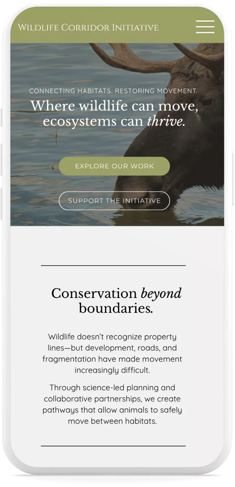 Wildlife Corridor Initiative homepage on smartphone