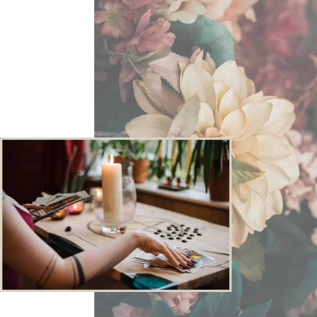 Collage of tarot reader with vintage flowers