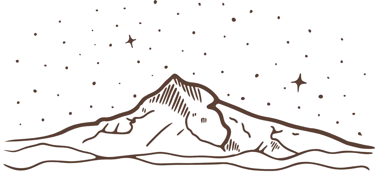 Line drawing of a mountain with clouds and stars in the night sky