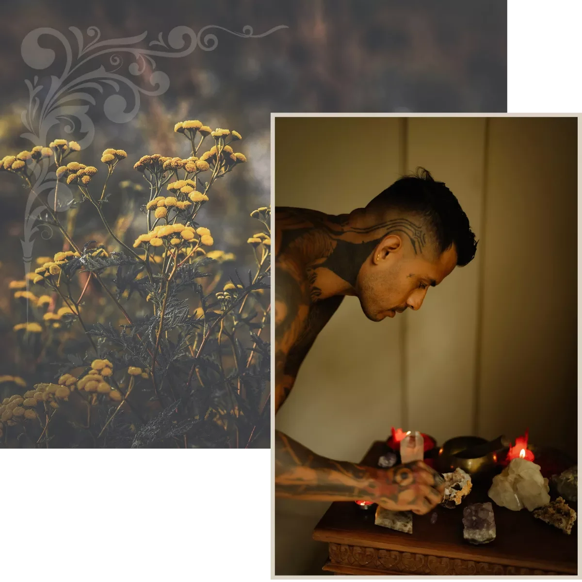 Collage of spiritual practitioner with vintage flowers