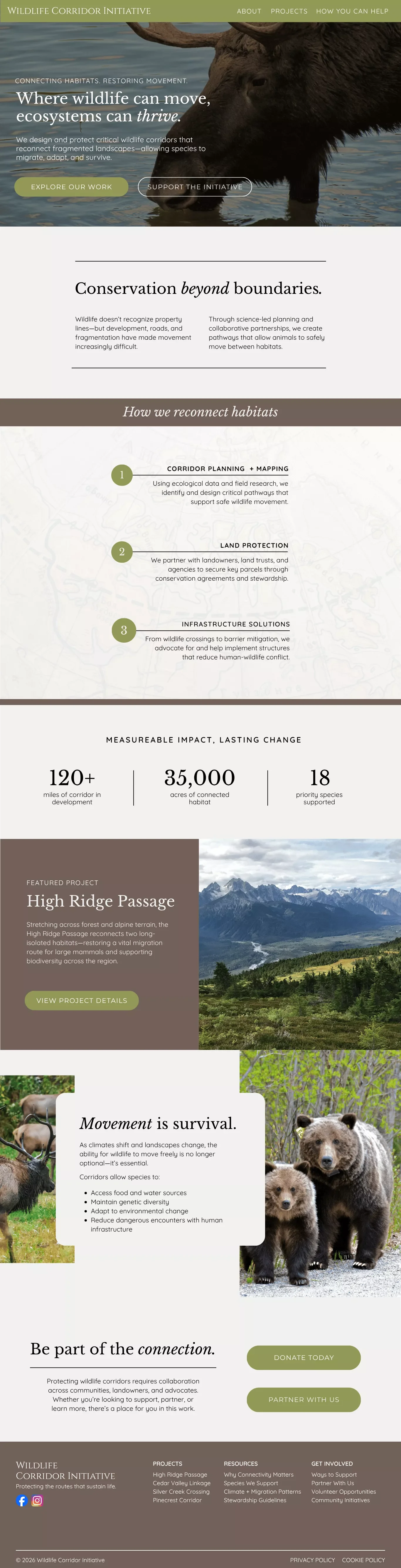 Wildlife Corridor Initiative homepage mockup