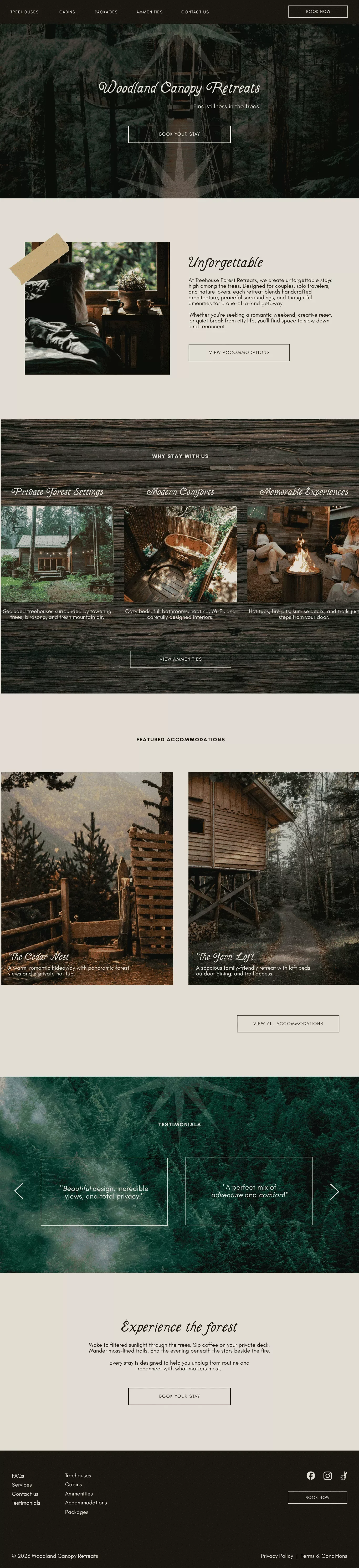 Woodland Canopy Retreats homepage mockup