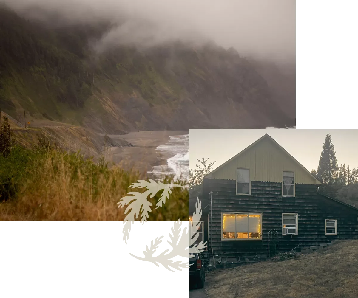Collage of a foggy coastal scene with cliffs and a winding road, and a house with a dark exterior and illuminated window at dusk.