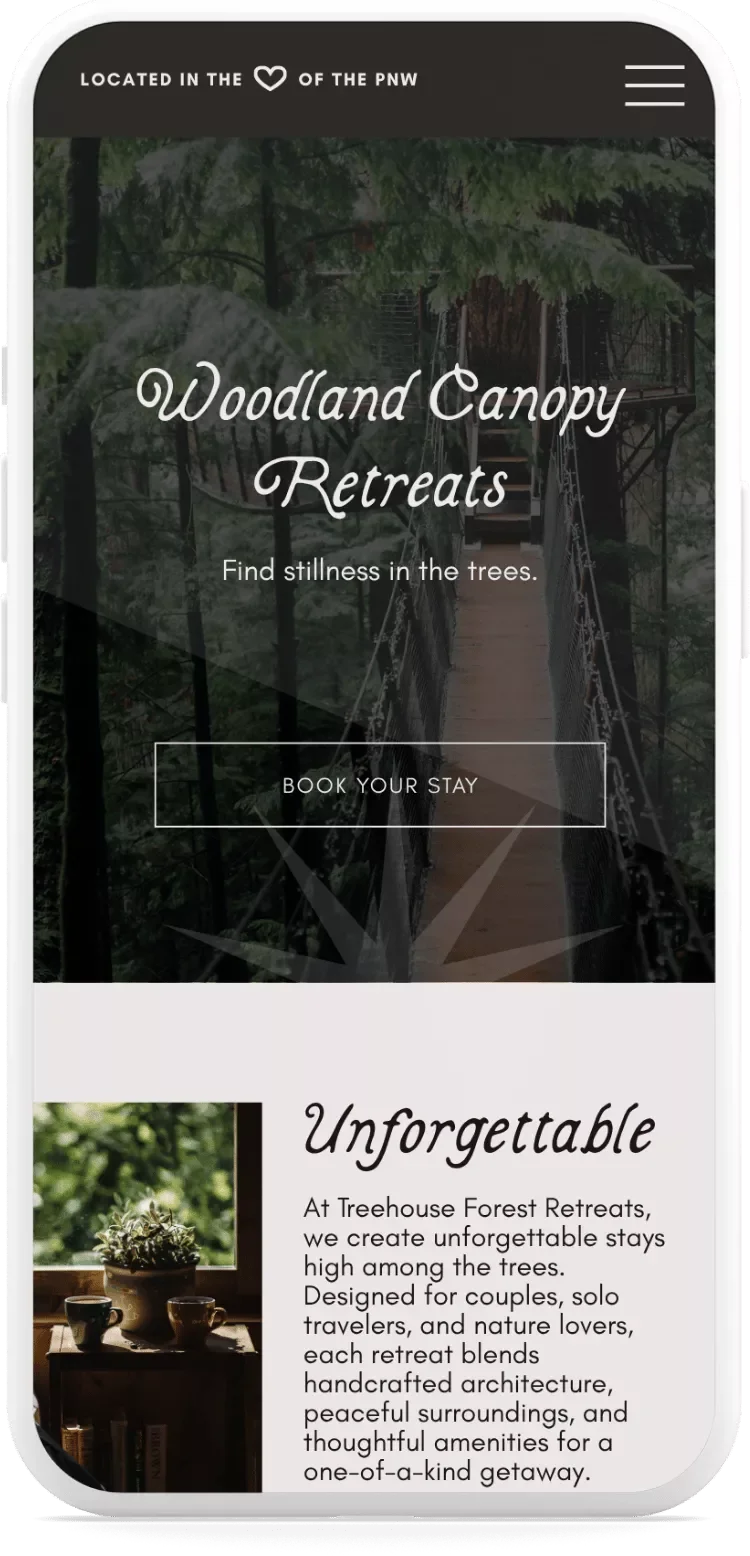 Woodland Canopy Retreats homepage on smartphone