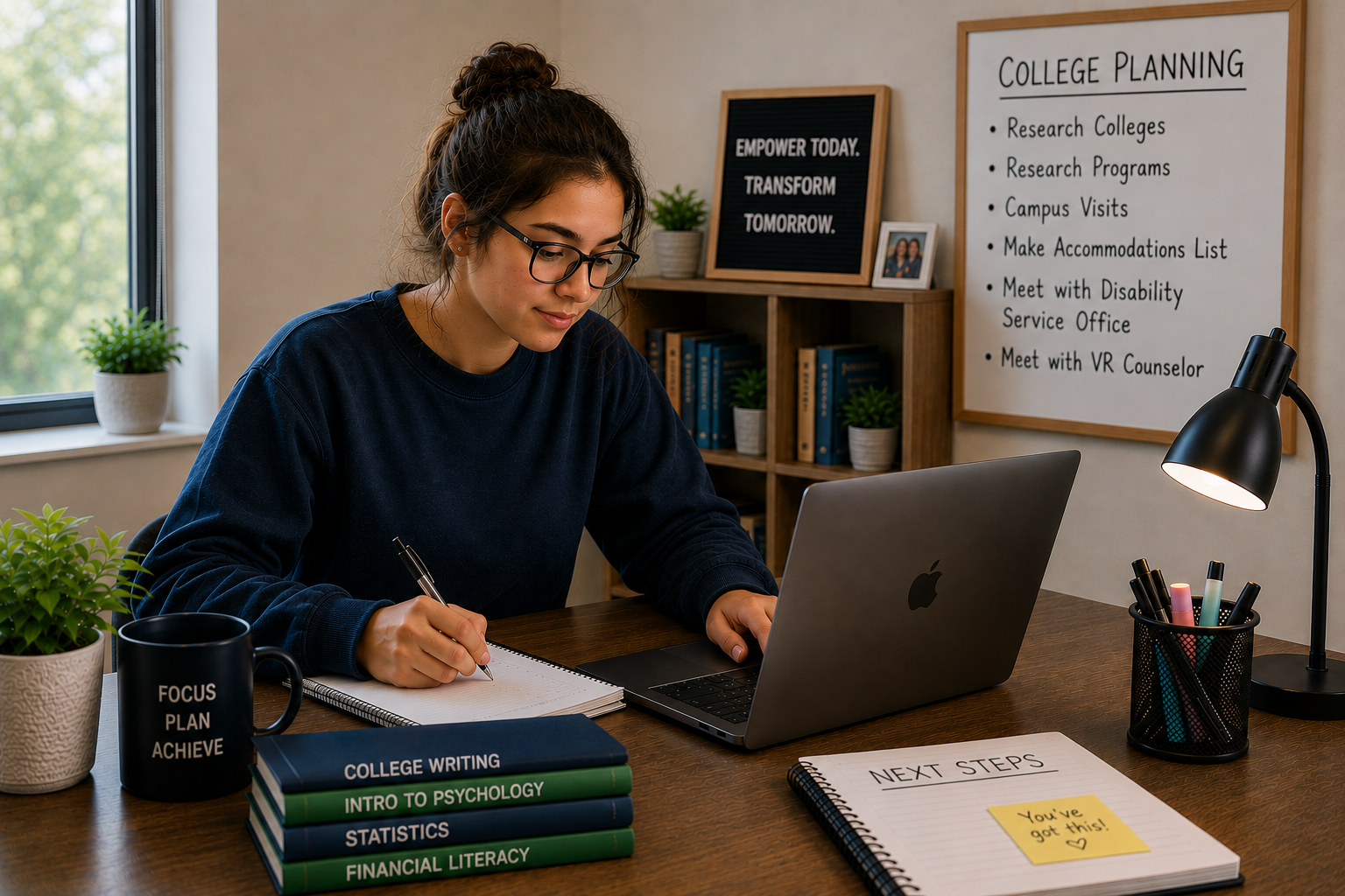 A young woman with glasses seated at her desk with a laptop and notebook with a whiteboard with college planning tasks in the background.