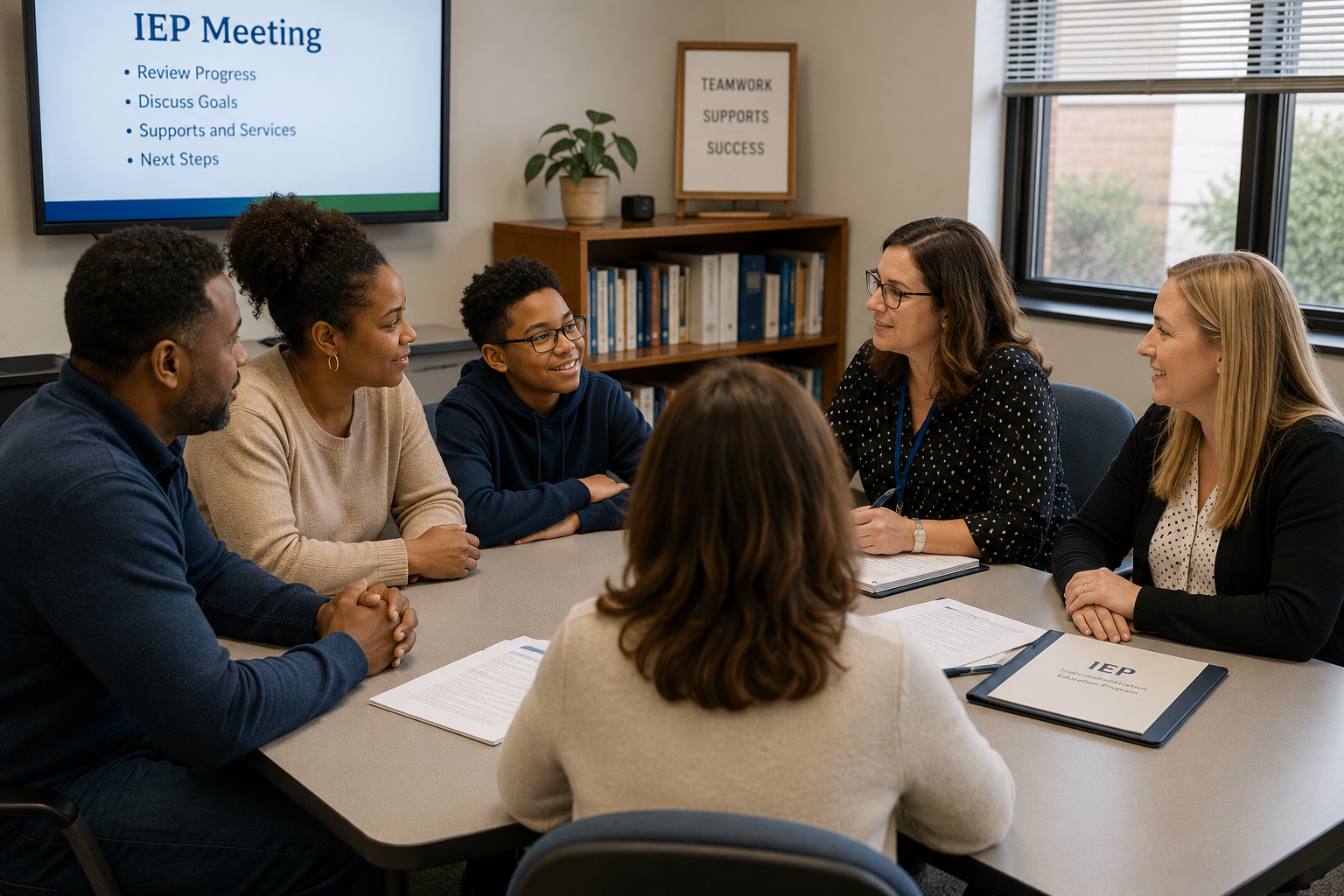 Six people sitting around a conference table in an IEP meeting, engaged in discussion, with a projector screen displaying agenda points.