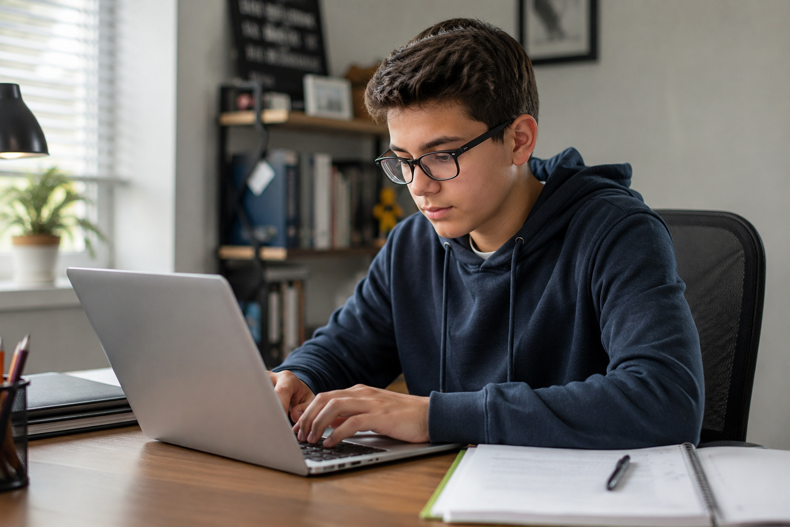 A young man with glasses working on a laptop at a desk with notebooks and a pen in a well-lit room.