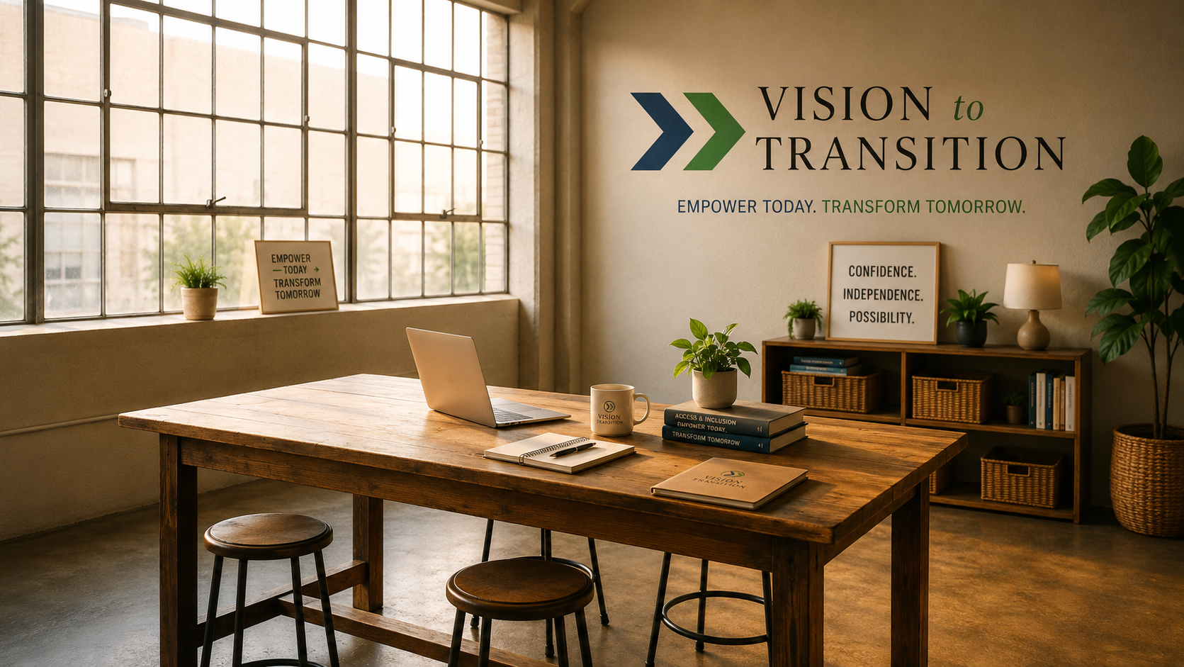 A bright office space with a large window, a wooden table with a laptop, notebook, mug, and books, and a wall with motivational text and plants.