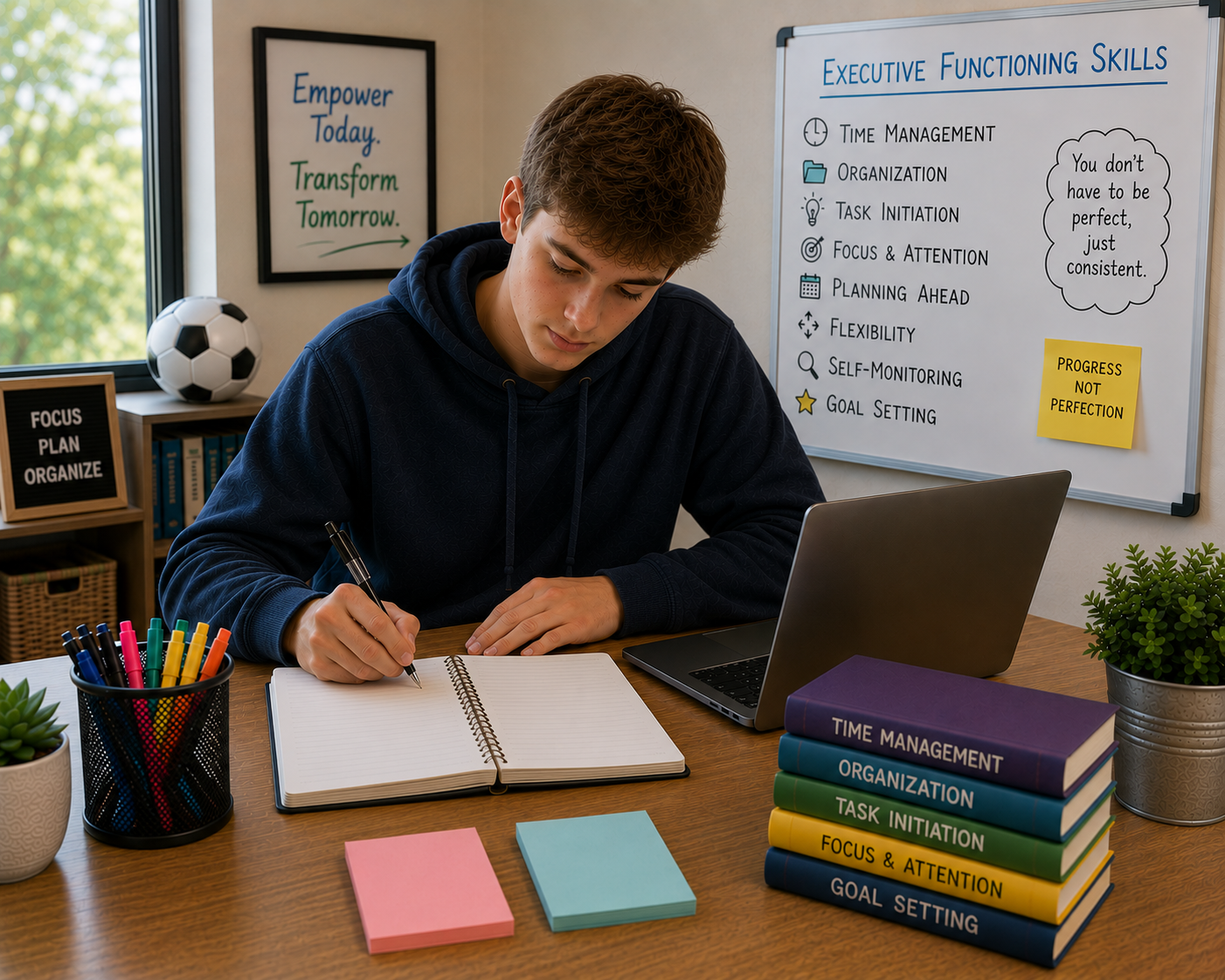 A young man sitting at a wooden desk, writing in a notebook with a black pen, in a room with motivational posters and a whiteboard titled 'Executive Functioning Skills'. The whiteboard lists skills such as time management and goal setting, with sticky notes that read 'Progress Not Perfection' and a bubble with the message 'You don't have to be perfect, just consistent.' on the wall. On the desk are colorful sticky notes, a stack of law books, a laptop, and small potted plants.