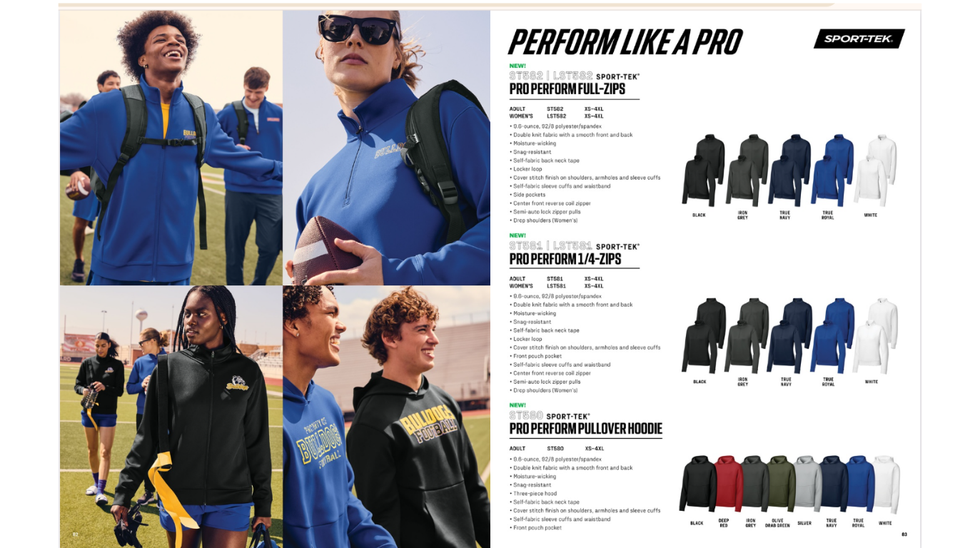 Advertisement for Performance Pro sportswear including full-zip jackets, 1/4-zip jackets, and pullover hoodies in various colors, showcased by athletes and models on a football field.