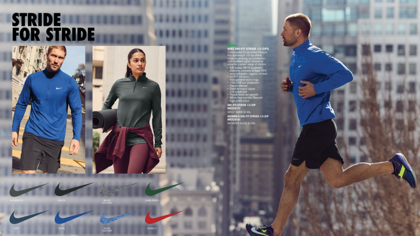 A man is pictured wearing athletic wear running and walking in a city. A woman is pictured wearing athletic wear holding a yoga mat.