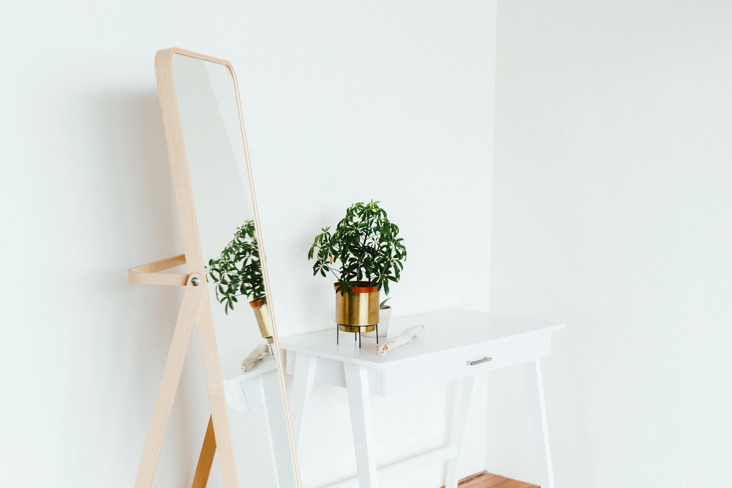 A minimalist interior scene featuring a full-length mirror on a wooden easel, a white table, a potted plant with green leaves in a gold-colored pot, and white decor items, set against plain white walls.
