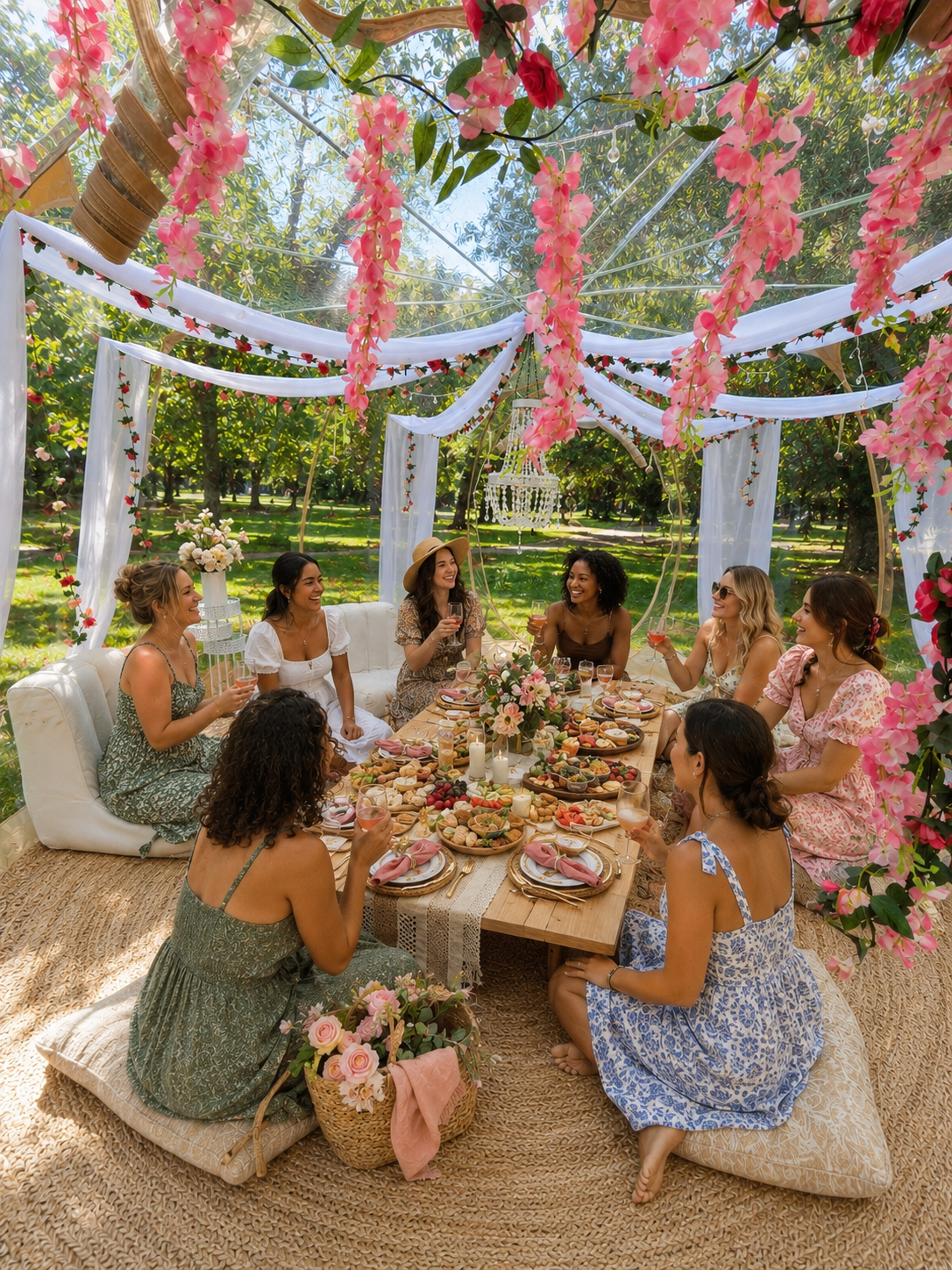 Luxury garden tea party in a clear pop-up picnic tent in Minnesota featuring elegant floral decor, chandelier, and beautifully styled seating for birthdays, bridal showers, and special celebrations.