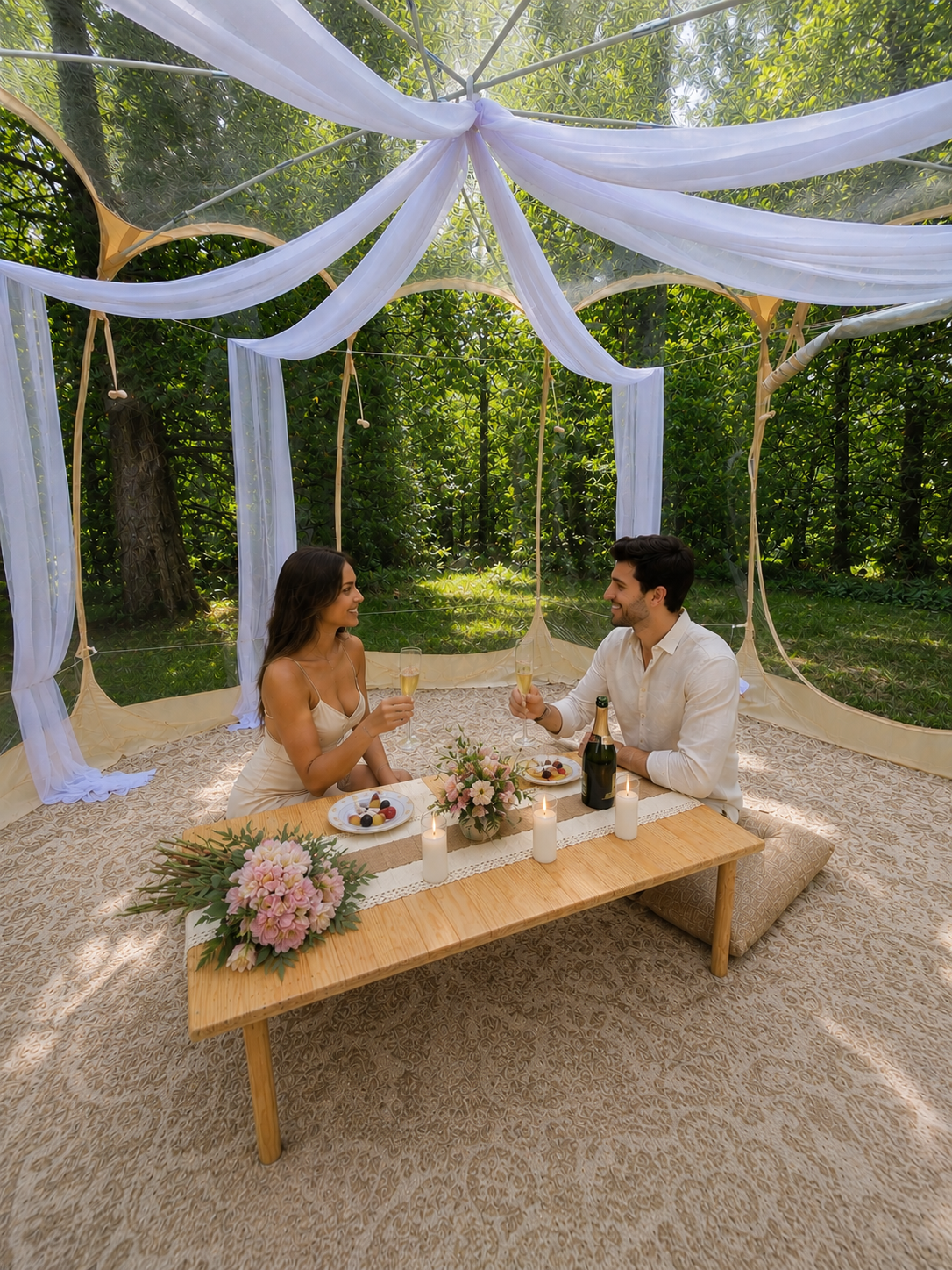 Luxury romantic picnic in a clear pop-up tent in Minnesota featuring elegant floral decor, candles, champagne, and a beautifully styled outdoor seating for anniversaries, proposals, and date nights.