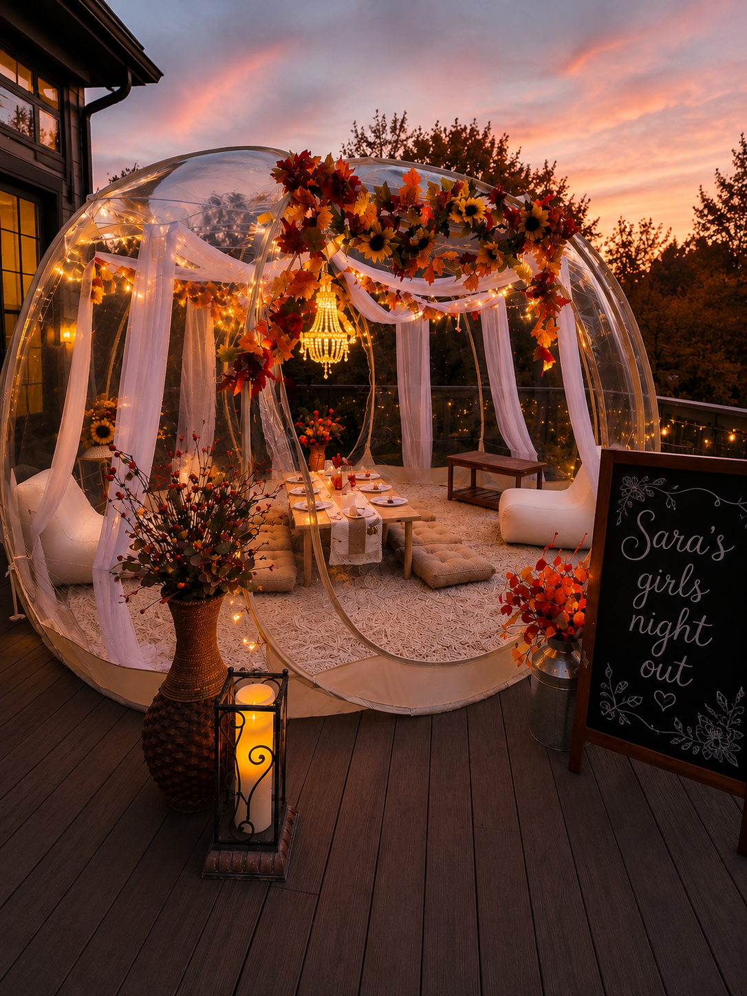 Luxury girl's night picnic in a clear pop-up tent in Minnesota featuring elegant decor, candles chandelier, floral arrangements, and a beautifully styled outdoor celebration by Lark Affairs.