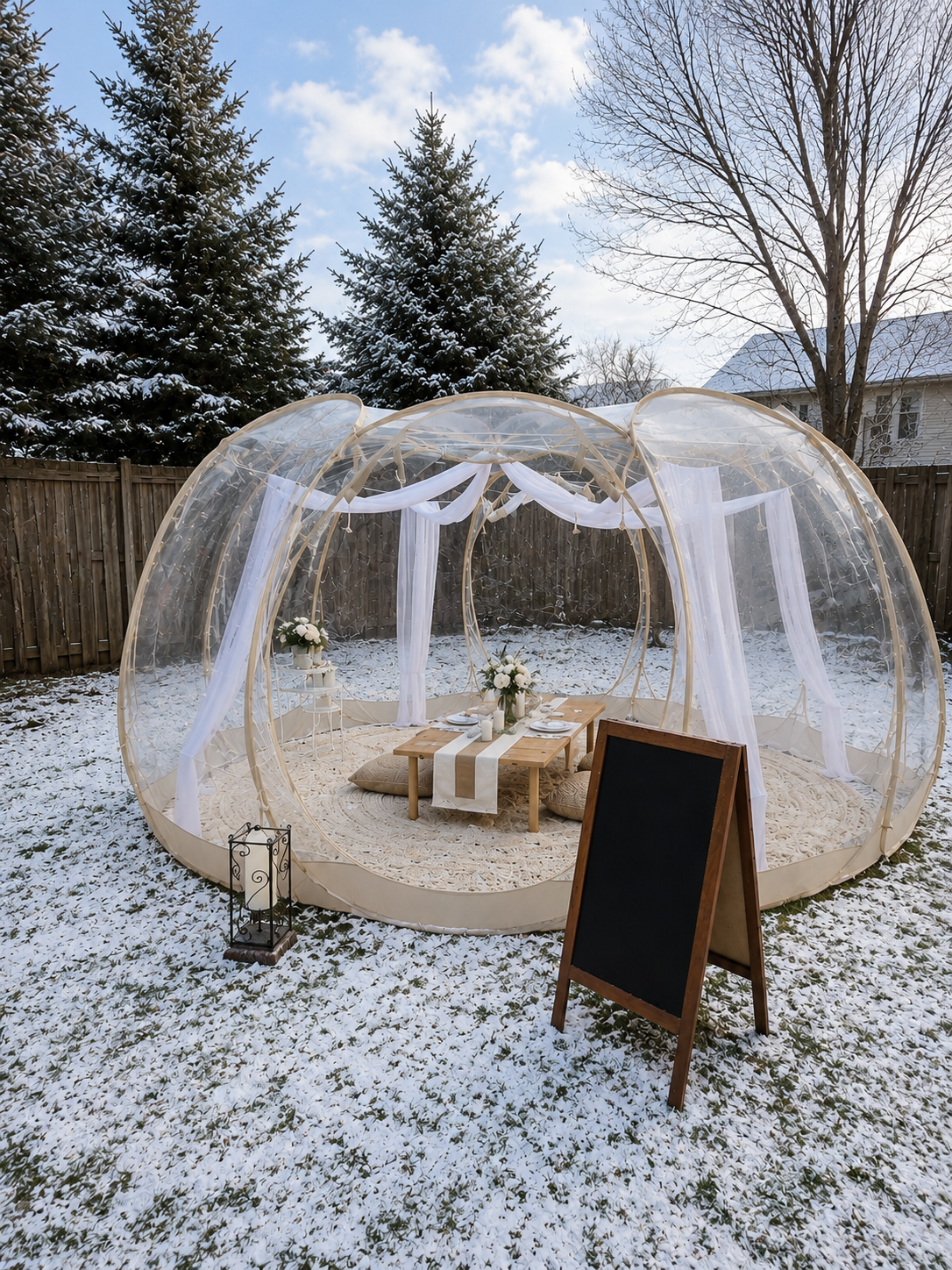 Luxury winter picnic in a clear pop-up tent in Minnesota featuring elegant decor, floral arrangements, cozy seating, and a beautifully styled snowy backyard setting for holiday celebrations and special occasions.