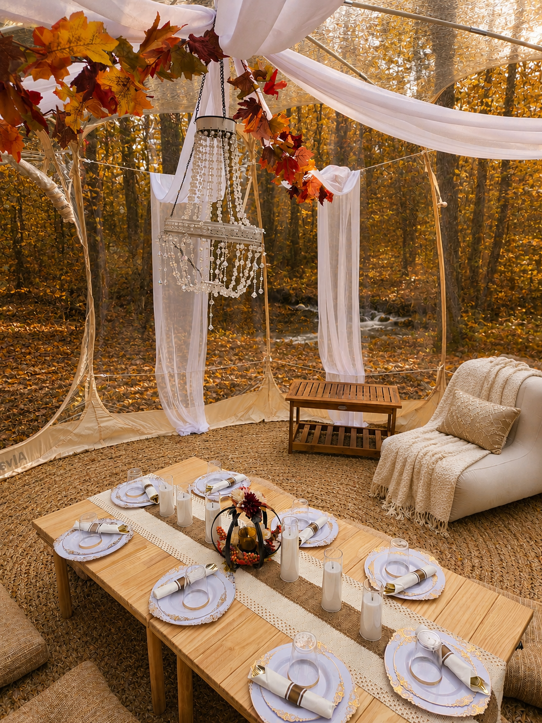 Luxury picnic experience in Minnesota featuring a beautifully decorated clear pop-up tent with elegant table settings, comfortable lounge seating, floral décor, and a cozy fall outdoor celebration.