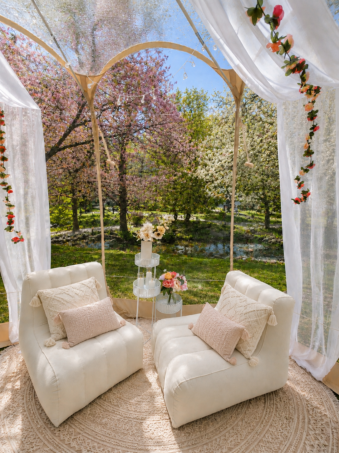 Luxury picnic lounge in a clear pop-up tent in Minnesota featuring elegant seating, floral arrangements, sheer curtains, and beautiful spring blossoms for intimate celebrations and outdoor gatherings.