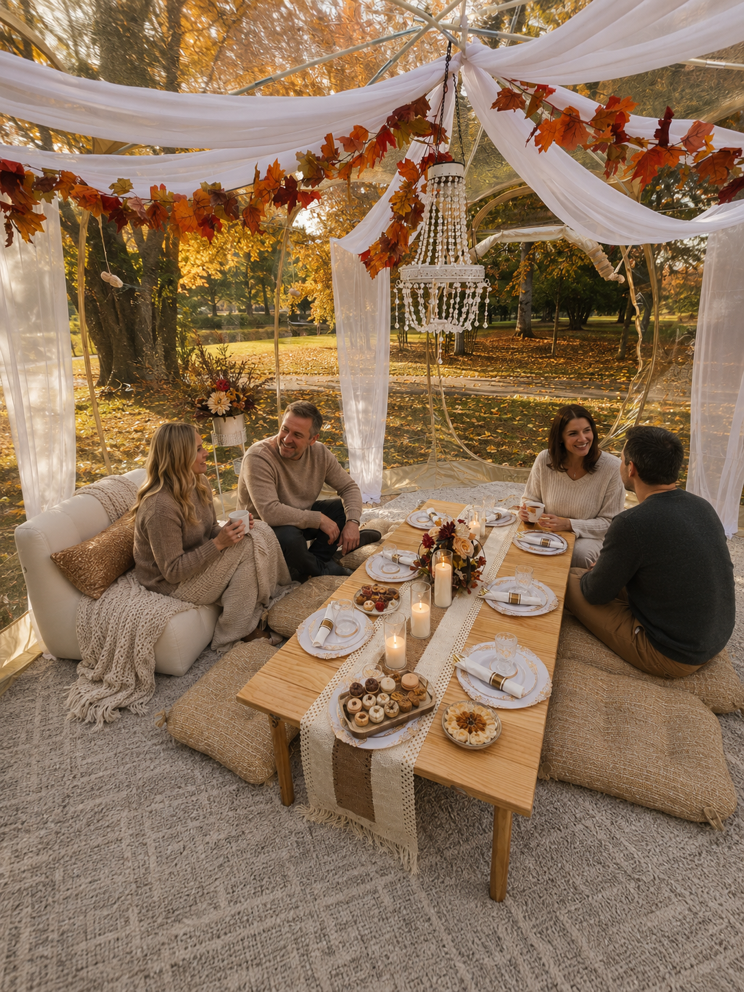 Luxury group picnic in a clear pop-up tent in Minnesota featuring elegant table décor, comfortable lounge seating, and a beautifully styled outdoor celebration for birthdays, girls' nights, family gatherings, and special occasions.