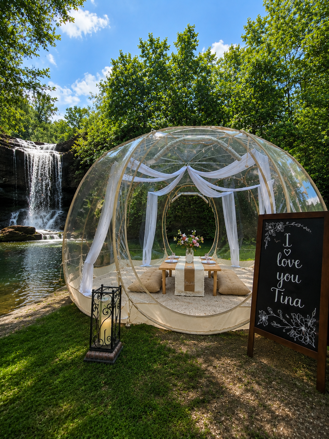 Luxury romantic picnic in a clear pop-up tent in Minnesota featuring elegant floral décor, comfortable seating, a scenic waterfall backdrop, and a beautifully styled outdoor setting for proposals, anniversaries, and date nights.