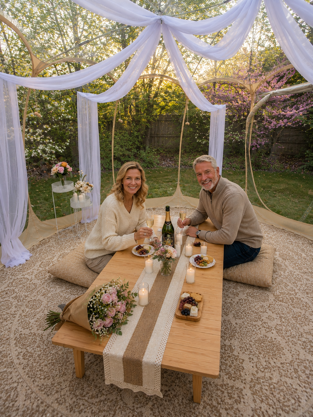 Luxury Picnic experience in Minnesota with a couple enjoying a romantic outdoor celebration in a beautifully decorated transparent tent surrounded by nature.
