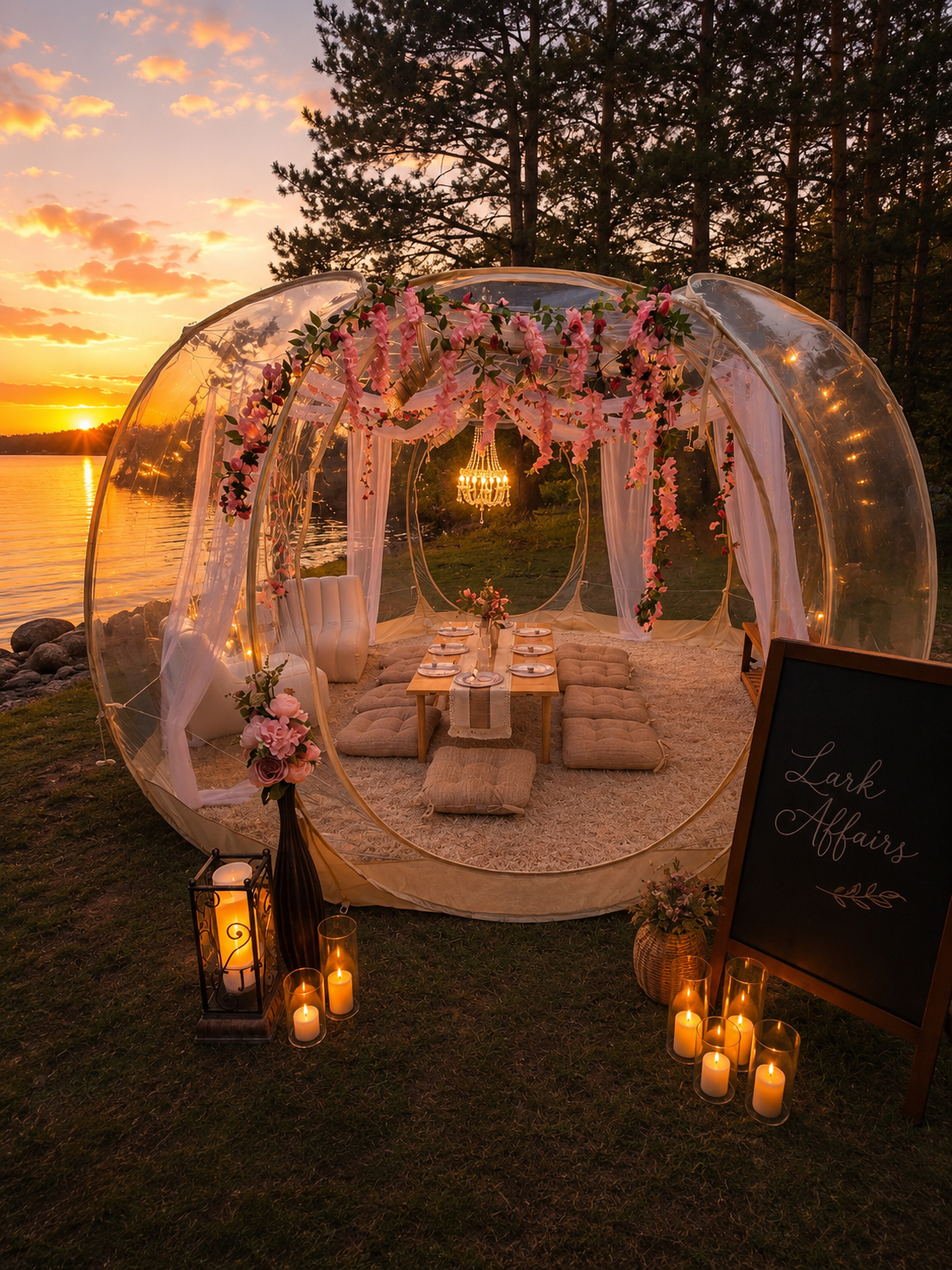 Luxury picnic experience in Minnesota featuring a clear pop-up tent with elegant décor, chandelier, candles, floral arrangements, and comfortable lounge seating for romantic dates, proposals, anniversaries, birthdays, and intimate celebrations Lark