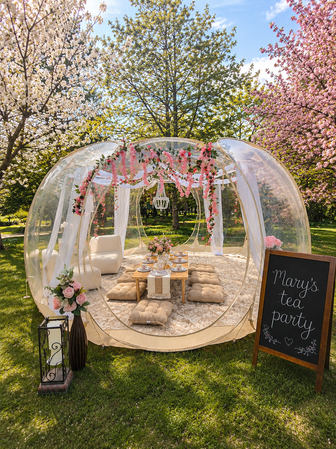 Luxury garden tea party in a clear pop-up picnic tent in Minnesota featuring elegant pink floral décor, chandelier, comfortable seating, and a beautifully styled outdoor celebration surrounded by spring blossoms.