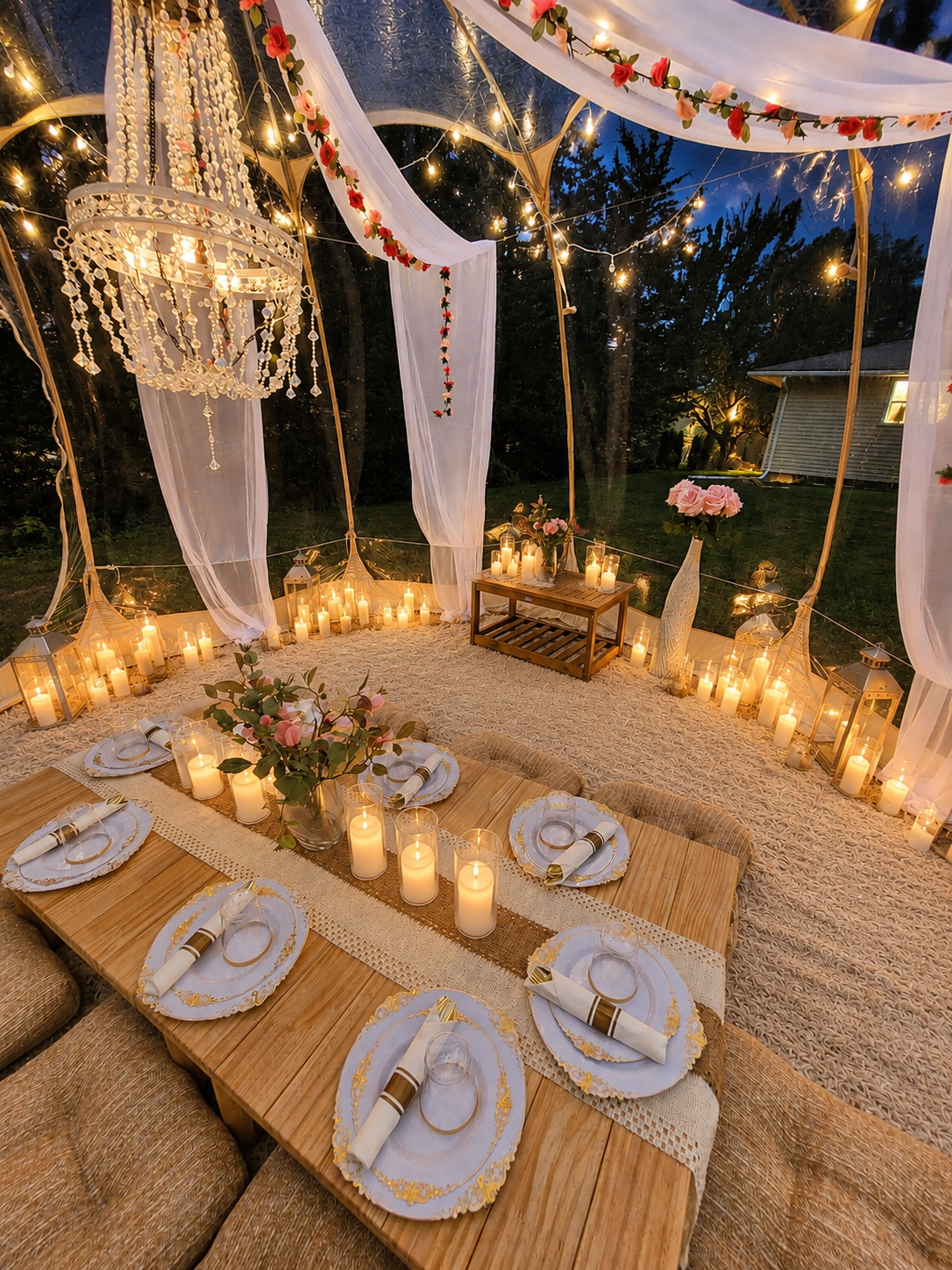 Luxury picnic experience in a clear pop-up tent in Minnesota featuring elegant table settings, candles, floral arrangements, comfortable seating, and a beautifully styled outdoor celebration for birthdays, anniversaries, and special occasions.