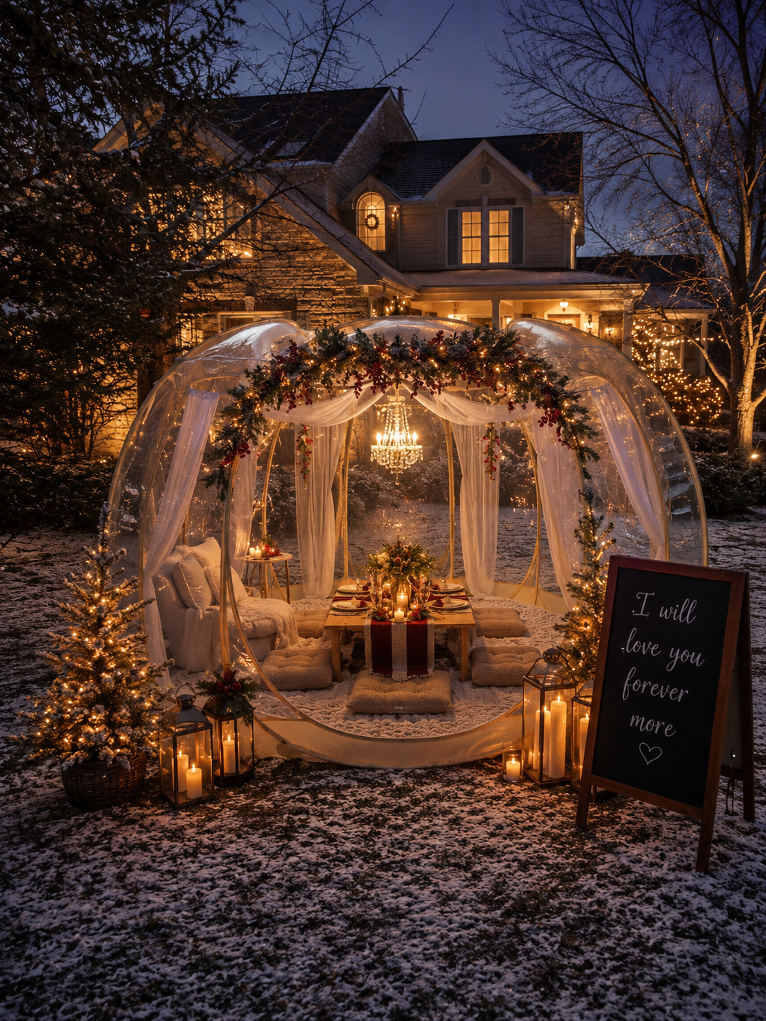 Luxury winter picnic in a clear pop-up tent in Minnesota featuring elegant Christmas decor,candles, chandelier lighting, and a romantic outdoor seating for holiday date nights, proposals, and anniversaries.