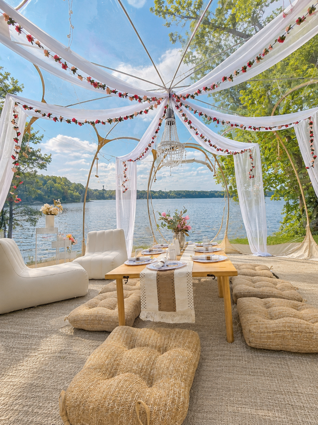 Luxury lakeside picnic in a clear pop-up tent in Minnesota featuring elegant decor, floral centerpieces, comfortable seating, and a beautifully styled waterfront setting for a romantic date and special celebrations.