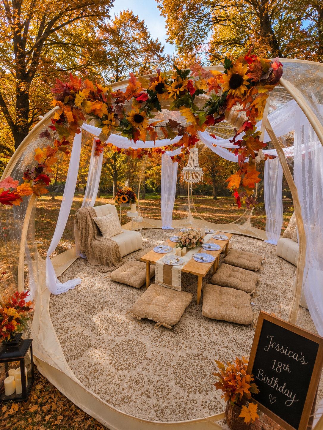 Luxury birthday picnic in a clear pop-up tent in Minnesota featuring elegant fall floral décor, candles, comfortable lounge seating, and a beautifully styled outdoor celebration for birthdays and special occasions.