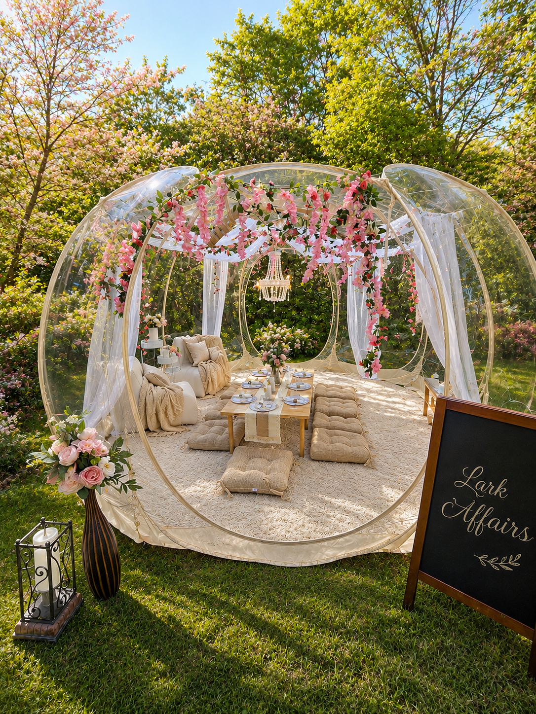 Luxury Picnic tent in a Minnesota park featuring elegant floral decor, comfortable seating, a wooden picnic table, and a beautifully styled outdoor celebration by Lark Affairs.