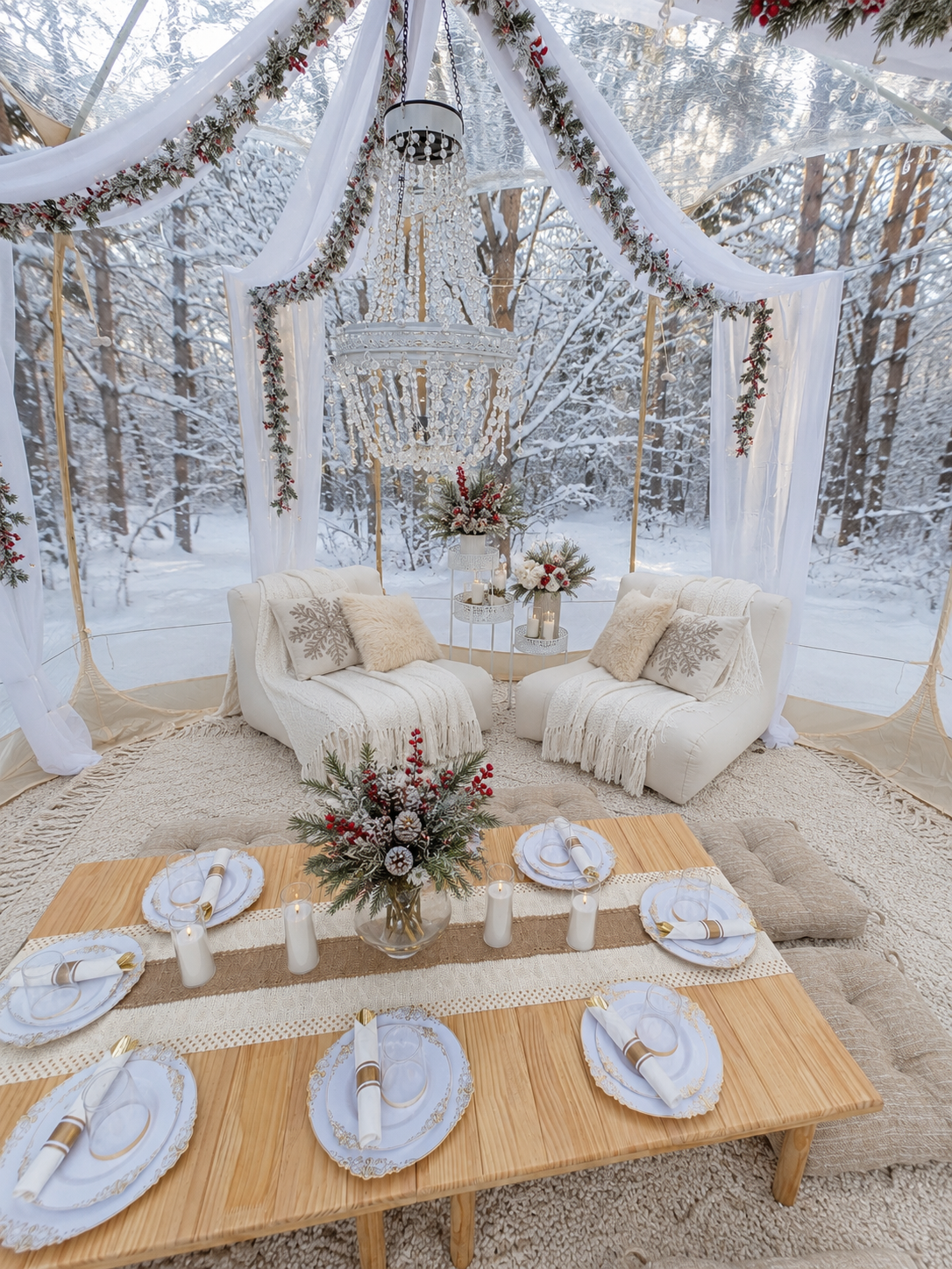 Luxury winter picnic experience in Minnesota featuring a clear pop-up tent with elegant holiday decor, chandelier, candles, floral arrangements and a cozy celebration surrounded by snow-covered trees.