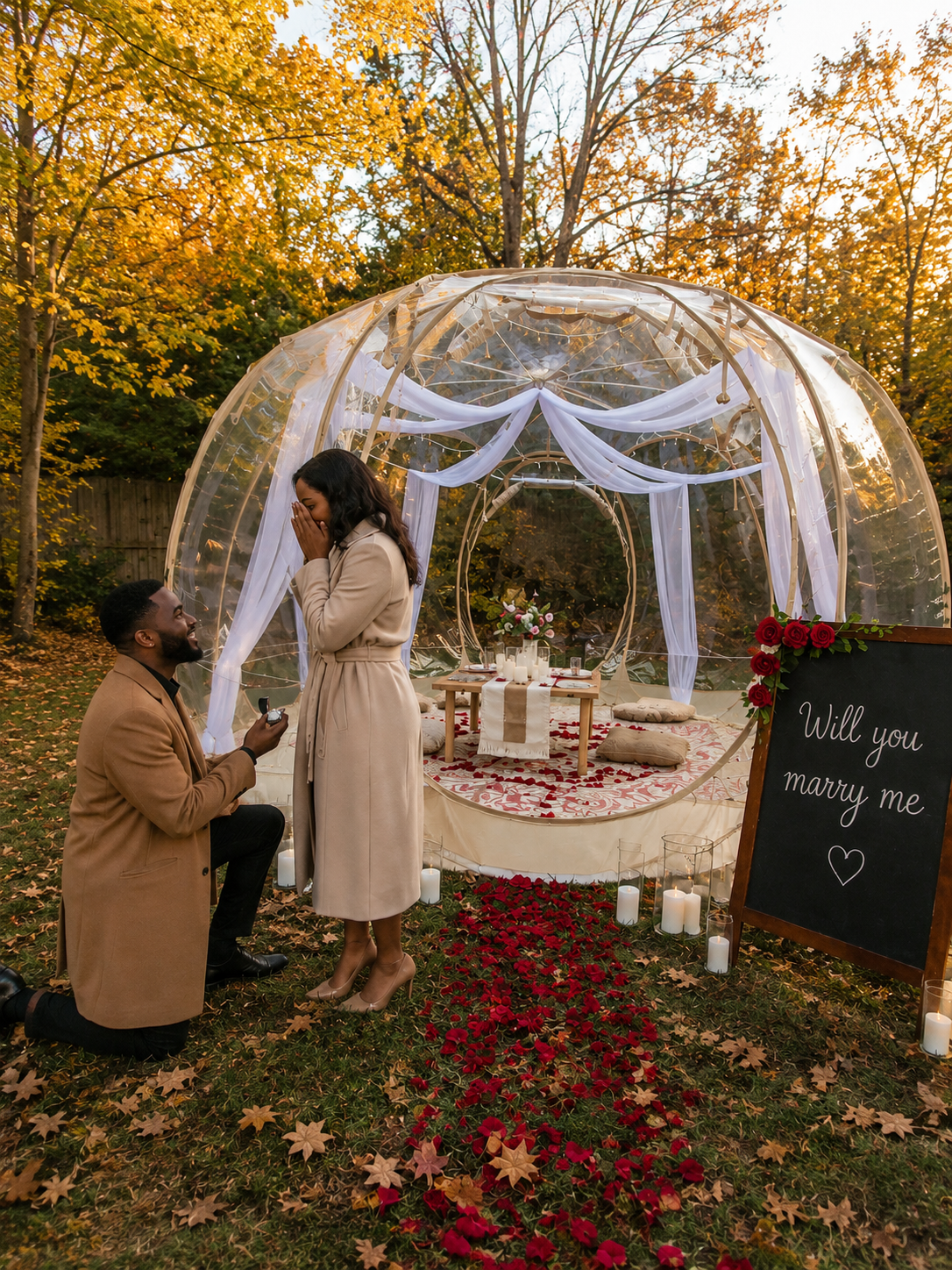Luxury proposal picnic in Minnesota featuring a decorated transparent tent, candles, flowers, and a romantic outdoor engagement setting.