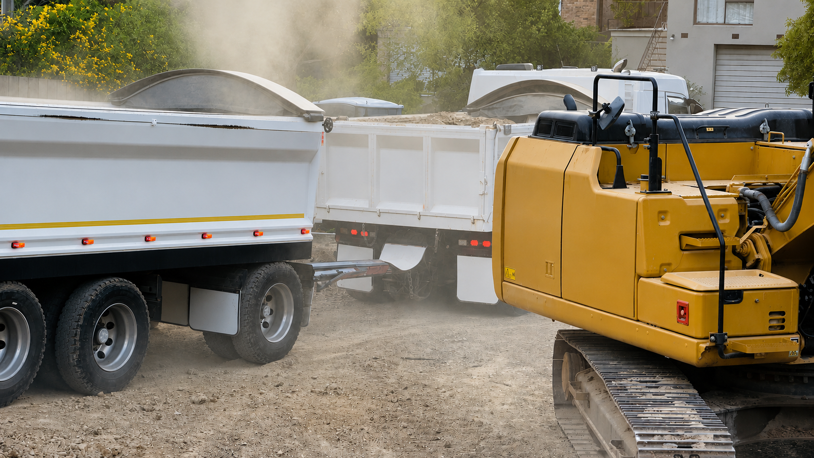 Construction site with a yellow excavator and a white dump truck working together. The excavator is scooping dirt into the truck, with dust rising in the air. Part of a building and some trees are visible in the background.