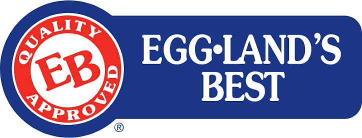 Eggland's Best logo featuring a red and white circular badge with 'Quality Approved' and 'EB' initials, next to the text 'Eggland's Best' on a blue background.