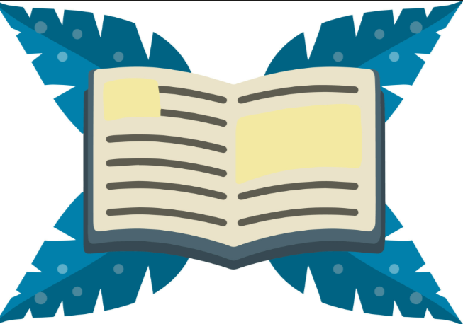 Open book with yellow highlights on pages and blue tropical leaves in background.