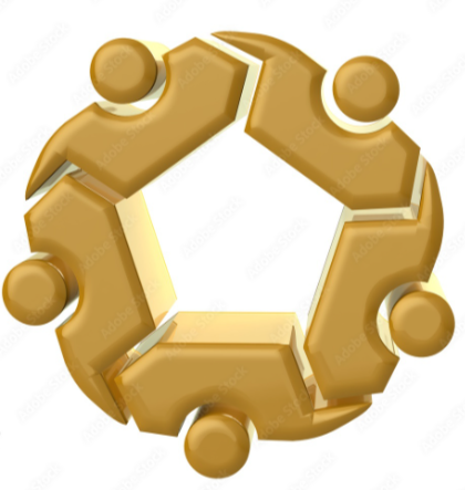 Illustration of five gold puzzle pieces connected in a circular shape with six circular pegs on the edges.