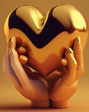 A pair of hands holding a shiny, gold and black heart-shaped object.