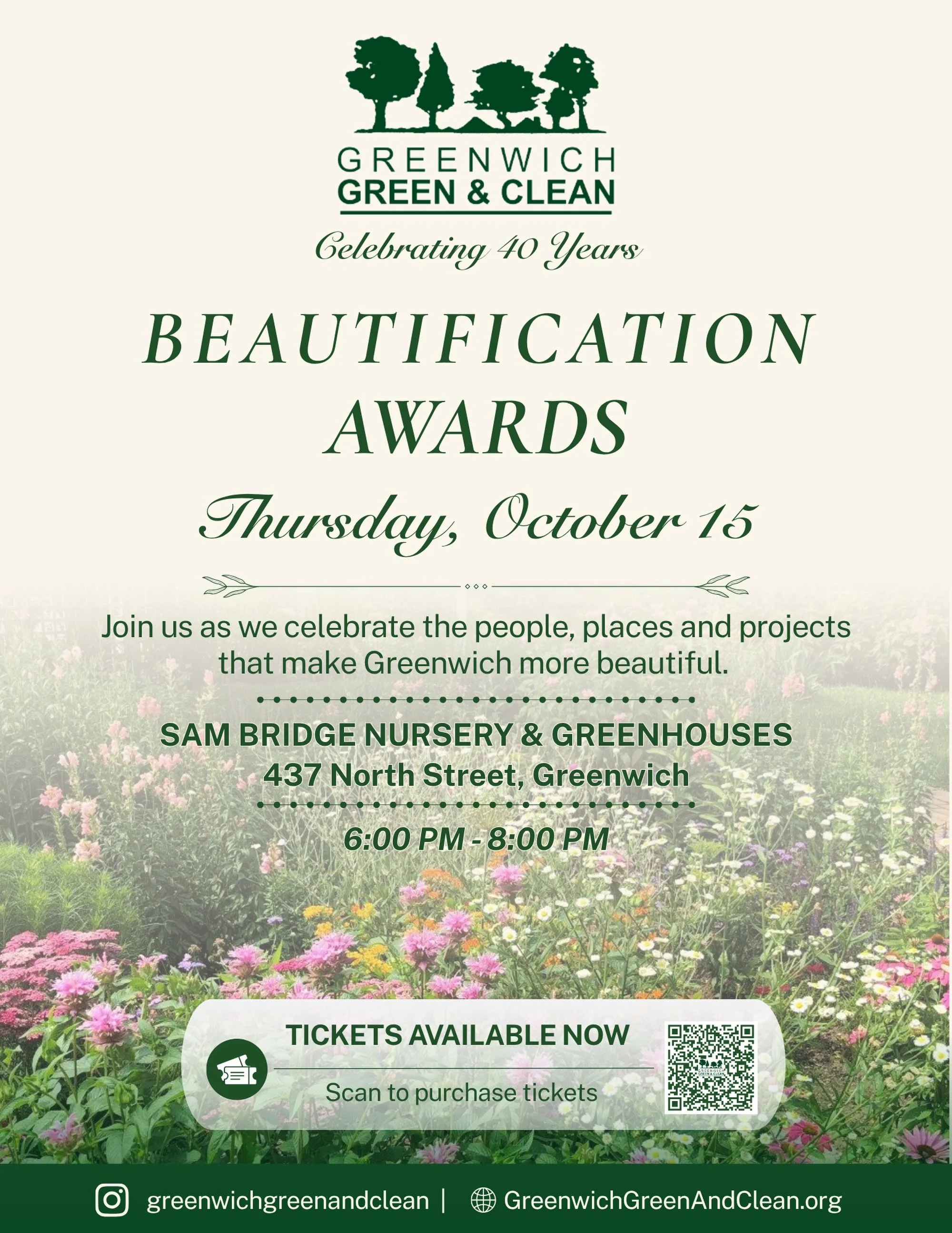 🌟Greenwich Green &amp; Clean invites the community to an evening reception celebrating the Beautification Awards on Thursday, October 15, from 6:00&ndash;8:00 p.m. at Sam Bridge Nursery &amp; Greenhouses on North Street.
 
💚 The event, part of the 