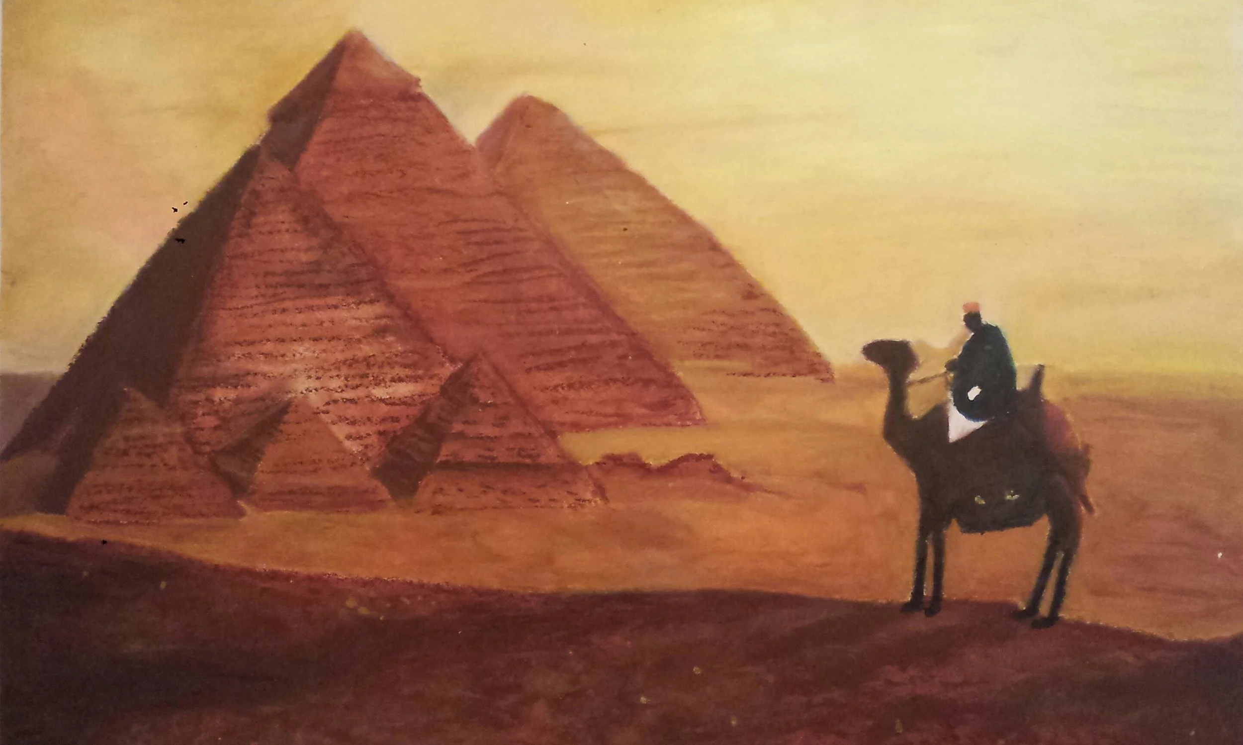 Painting of three pyramids with a man riding a camel in front, set against a yellow sky.