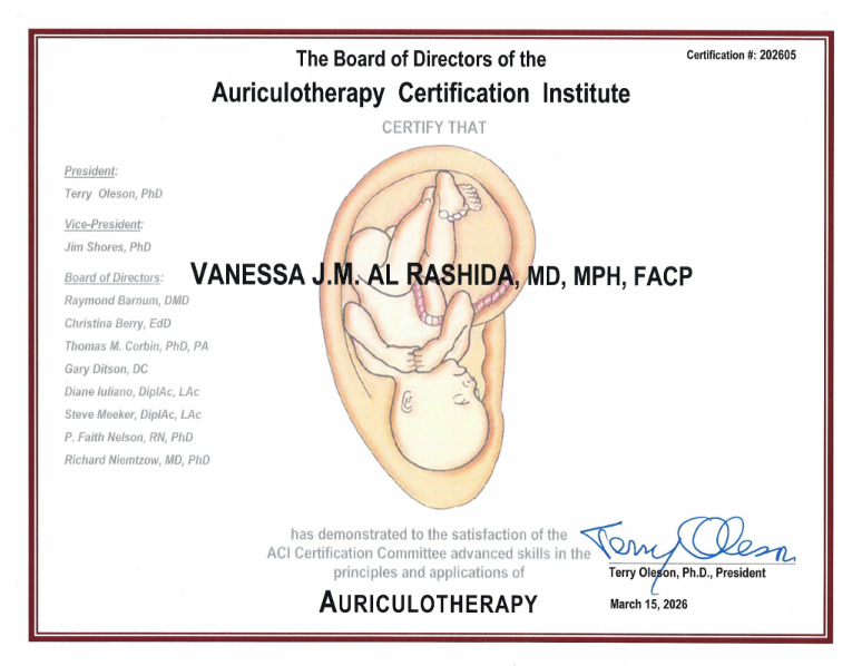 Certificate from the Auriculotherapy Certification Institute awarded to Vanessa J.M. Al Rashida, MD, MPH, FACP, signed by Terry Olesen, PhD, President, dated March 15, 2026, featuring an illustration of a fetus in the womb.