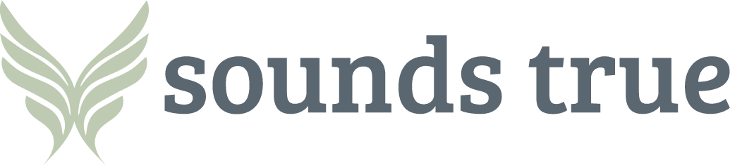 Logo for Sounds True with a stylized green leaf design next to the text 'sounds true' in lowercase letters.