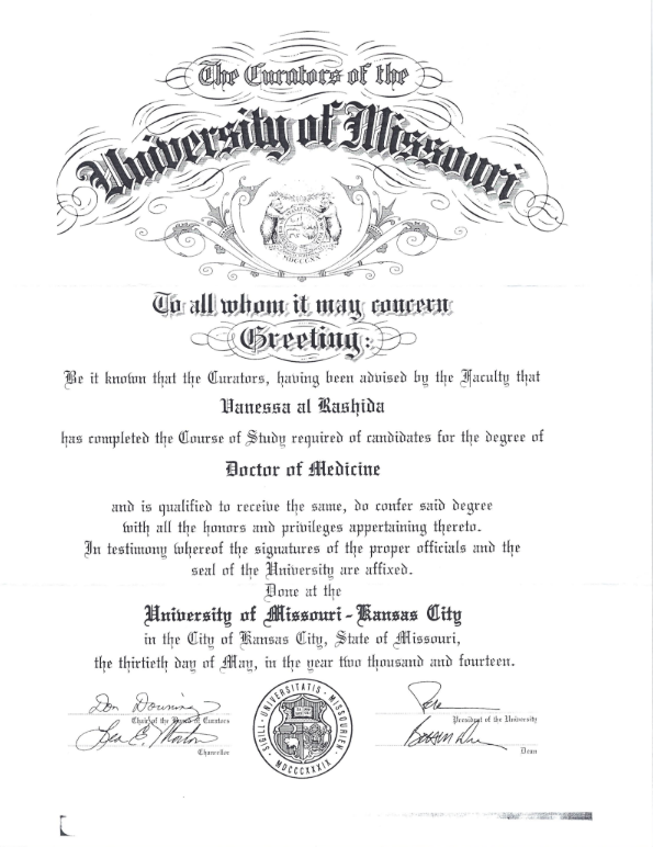 Diploma from the Curators of the University of Missouri-Kansas City awarded to Vanessa al Rashida for completing the course of study required for a Doctor of Medicine degree, dated March 30, 2014.
