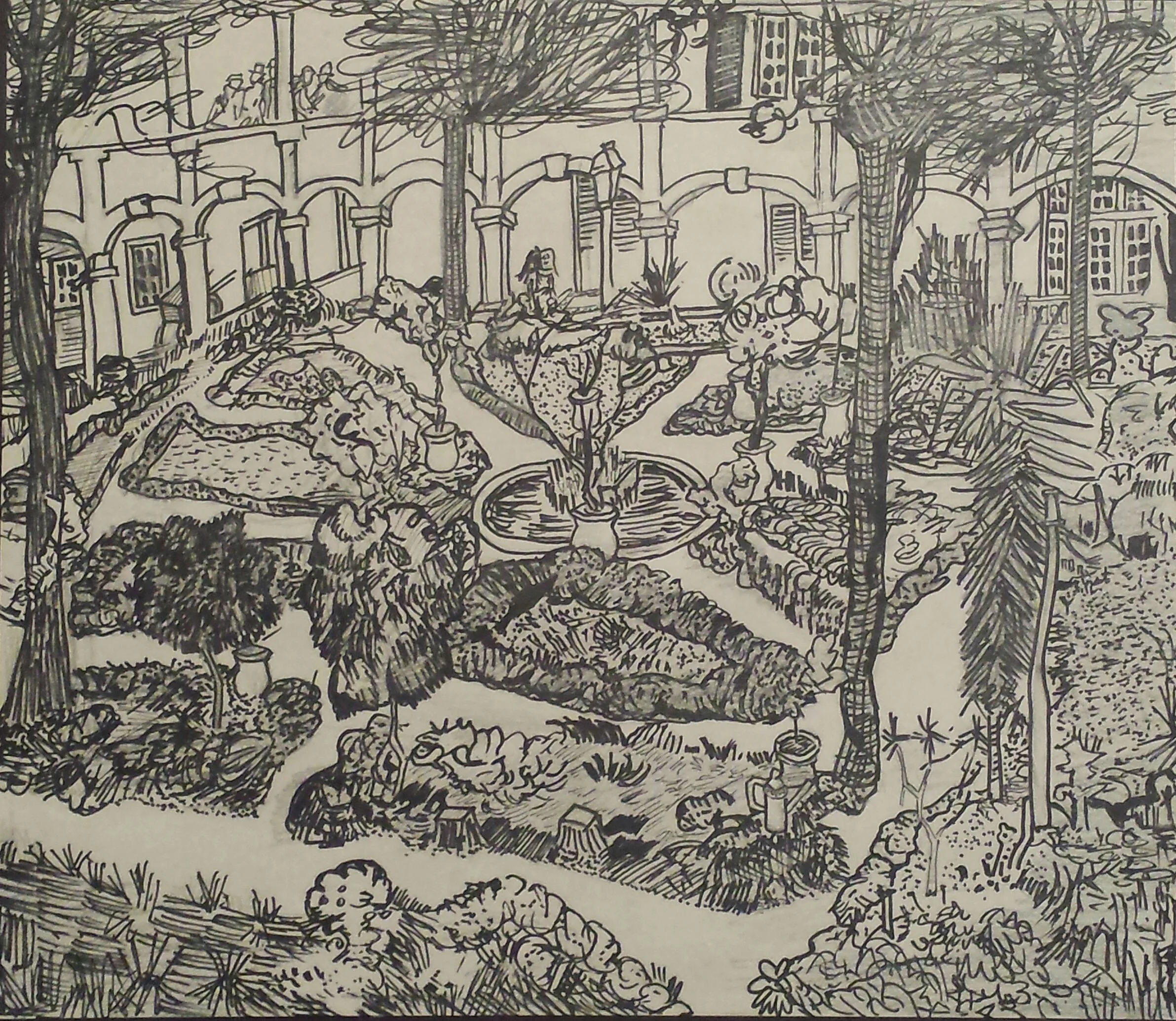 A detailed black and white line drawing of a courtyard with a fountain, trees, a garden, and benches, surrounded by buildings with multiple stories and windows.
