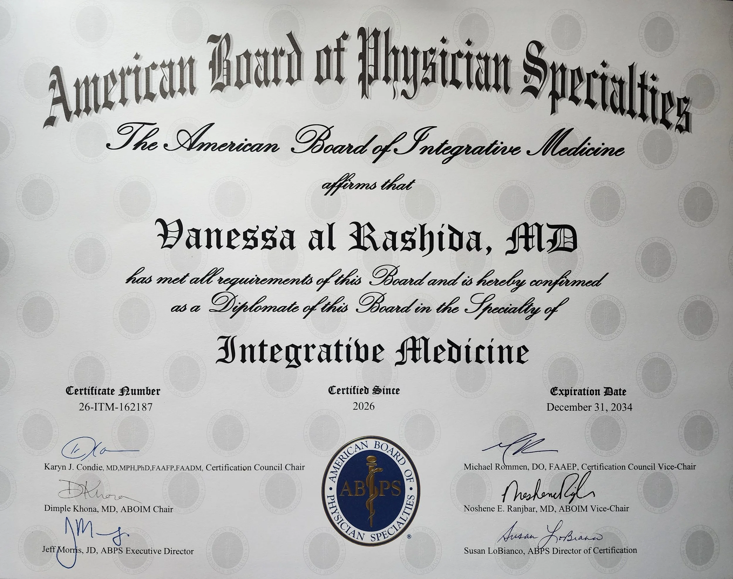 Certificate of the American Board of Integrative Medicine awarded to Vanessa al Rashida, MD, with signatures from officials and a seal of the American Board of Physician Specialties.