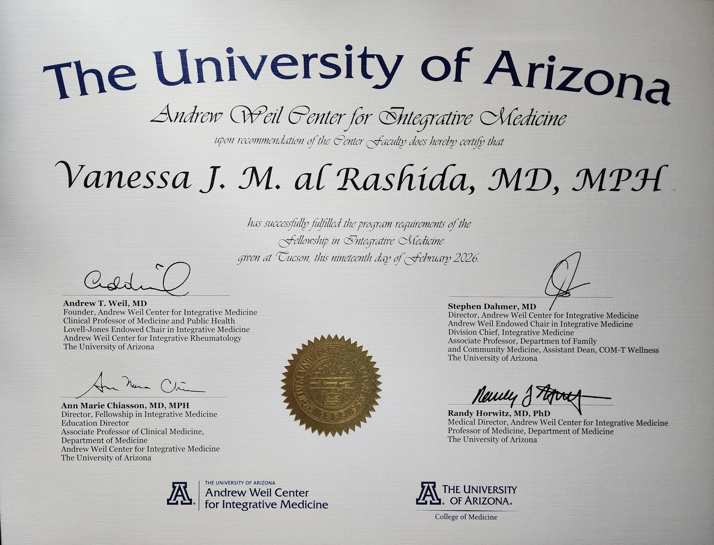 Certificate from the University of Arizona's Andrew Weil Center for Integrative Medicine awarded to Vanessa J. M. al Rashida, MD, MPH, signed by multiple officials including Andrew T. Weil, MD and Stephen Dahmer, MD. The certificate includes several signatures and a gold seal at the bottom.
