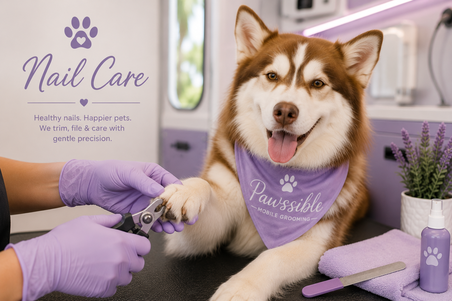 A happy dog receiving a manicure at a pet grooming salon with a sign that reads 'Nail Care' and a slogan 'Healthy nails. Happier pets. We trim, file & care with gentle precision.' The dog wears a purple bandana with the text 'Pawsible Mobile Grooming,' and the groomer wears purple gloves while trimming the dog's nails.